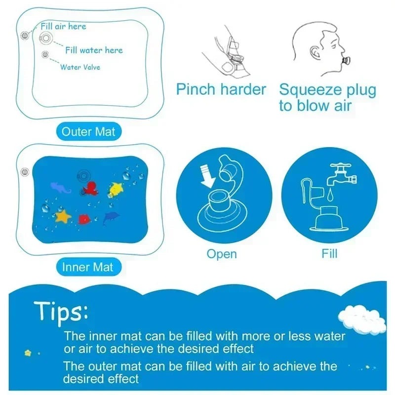 Inflatable baby water play mat with colorful floating sea creatures, showing fill instructions.
