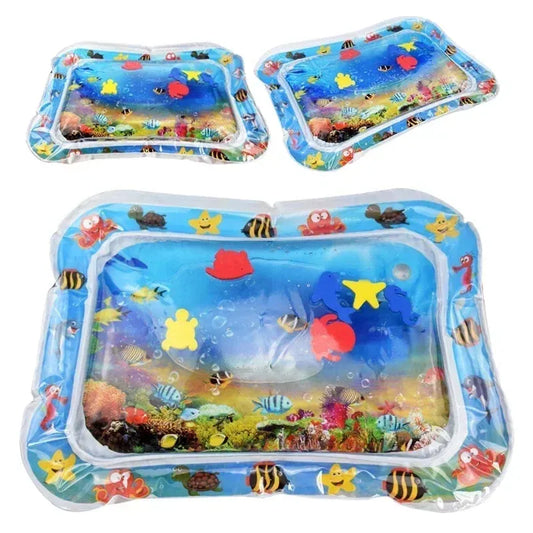 Inflatable baby water play mat with colorful floating sea creatures and underwater scene.