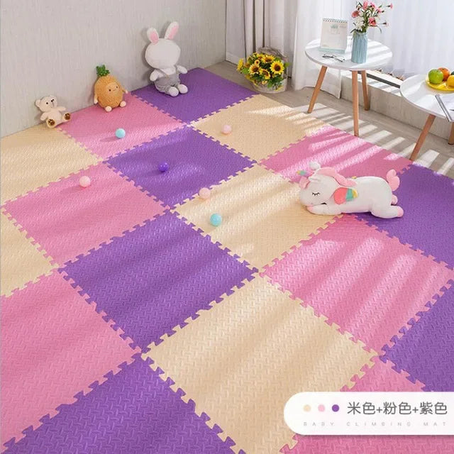 Colorful EVA foam puzzle play mat for babies, featuring pink, purple, and beige interlocking squares.
