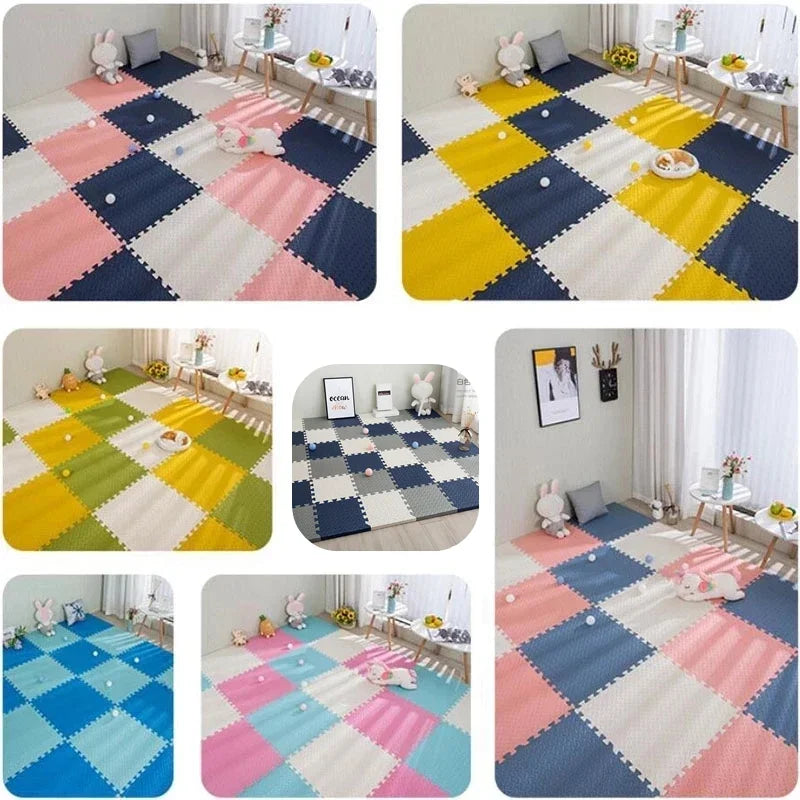 Colorful EVA foam puzzle play mats for babies, featuring various checkerboard patterns in pink, blue, yellow, green, and white.
