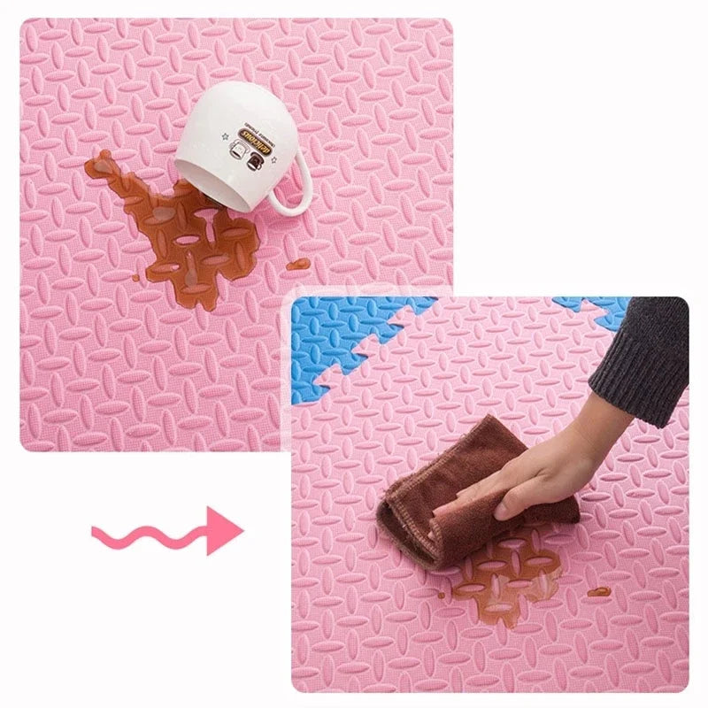 Pink EVA foam puzzle play mat with spilled liquid being easily wiped clean.