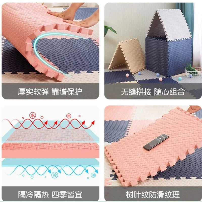 Pink and blue interlocking EVA foam puzzle play mat for babies, showing texture, assembly, and insulation.