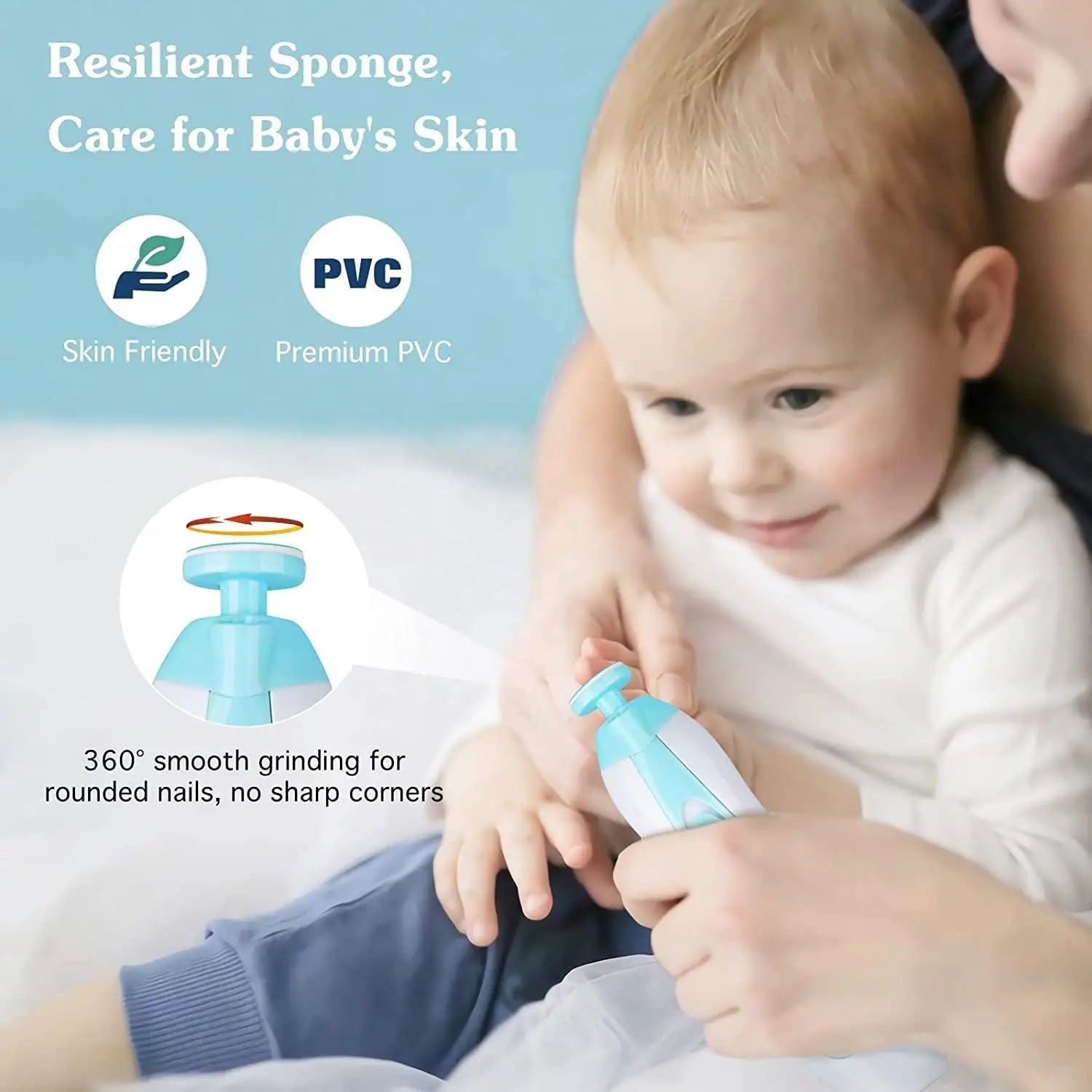 Parent gently uses a white and blue electric baby nail file with LED light on a baby's hand.
