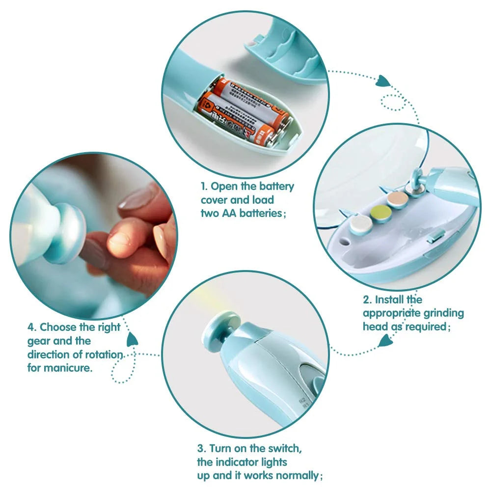 Light blue electric baby nail file with LED light, showing battery installation, grinding heads, and use.