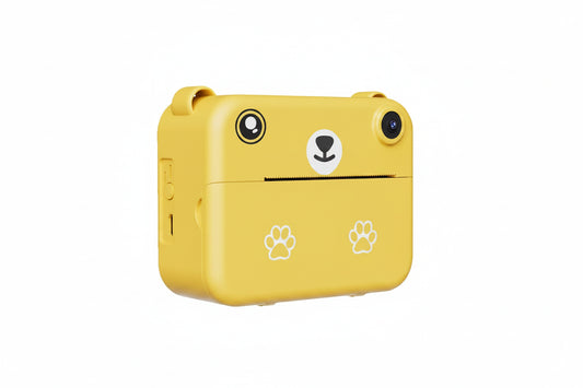 Yellow instant print kids' digital camera with bear face design and paw prints.