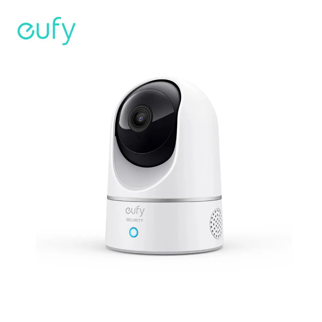 White Eufy Security smart 2K pan and tilt indoor camera with black lens and blue indicator light.