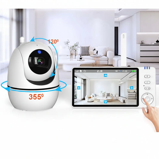 White baby monitor camera with pan/tilt control and a 5-inch HD video display.