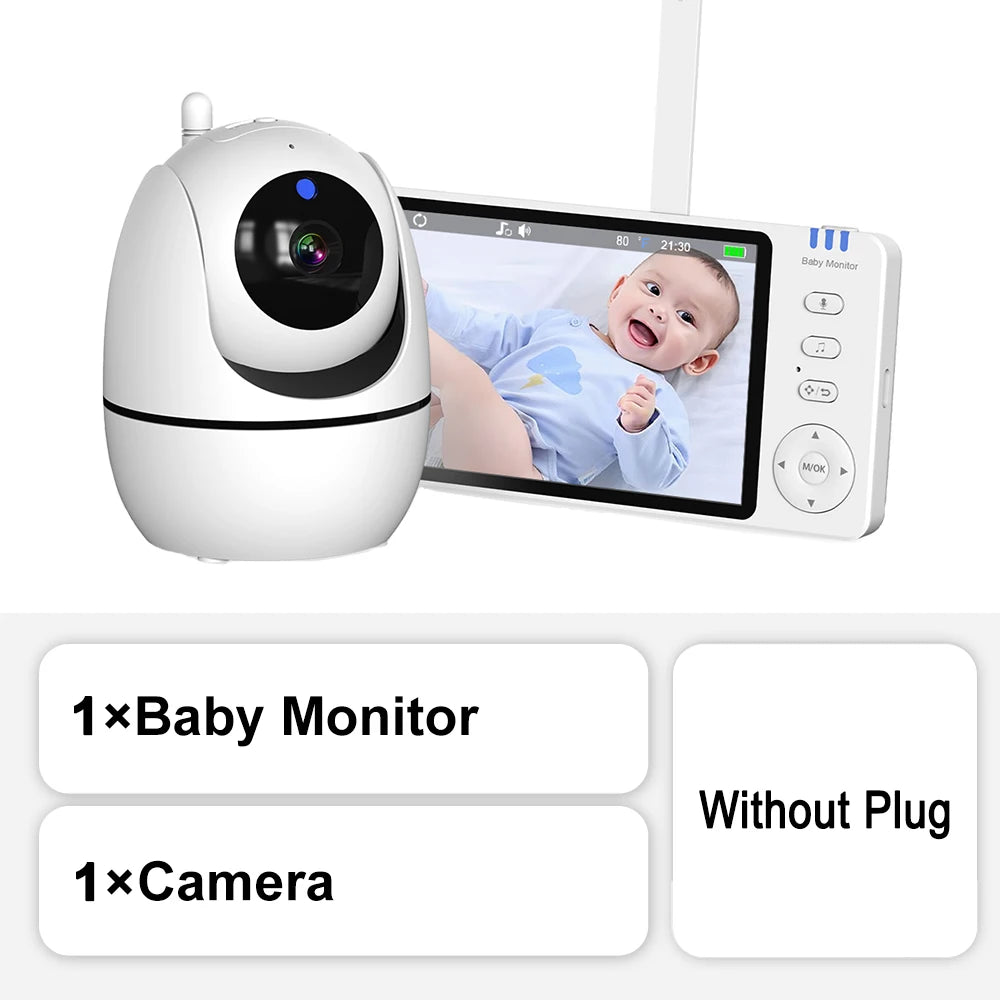 White baby monitor with a 5-inch HD screen displaying a smiling baby, alongside a matching white camera.