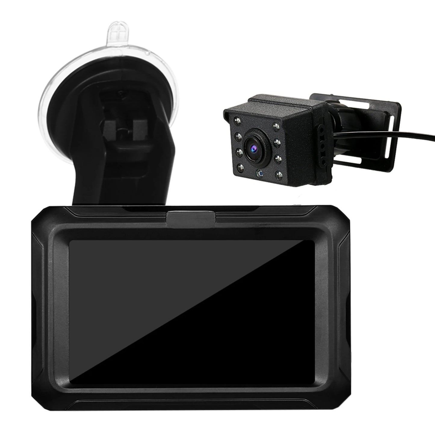 Black 4.3-inch IPS screen car baby monitor with night vision camera and suction cup mount.
