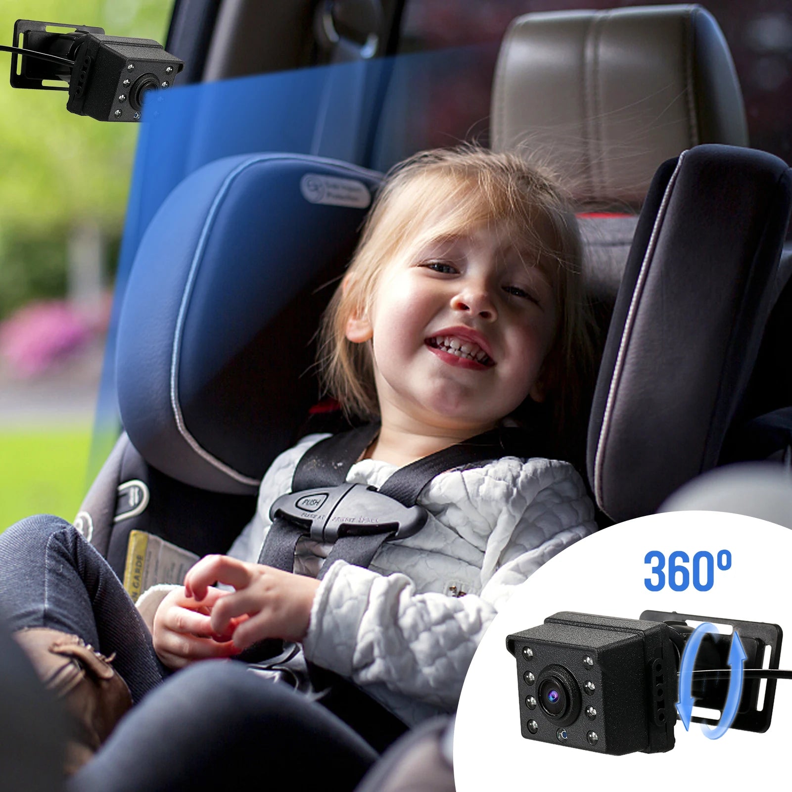 Black ABS car baby camera with 360-degree rotating lens, showing a child in a car seat.