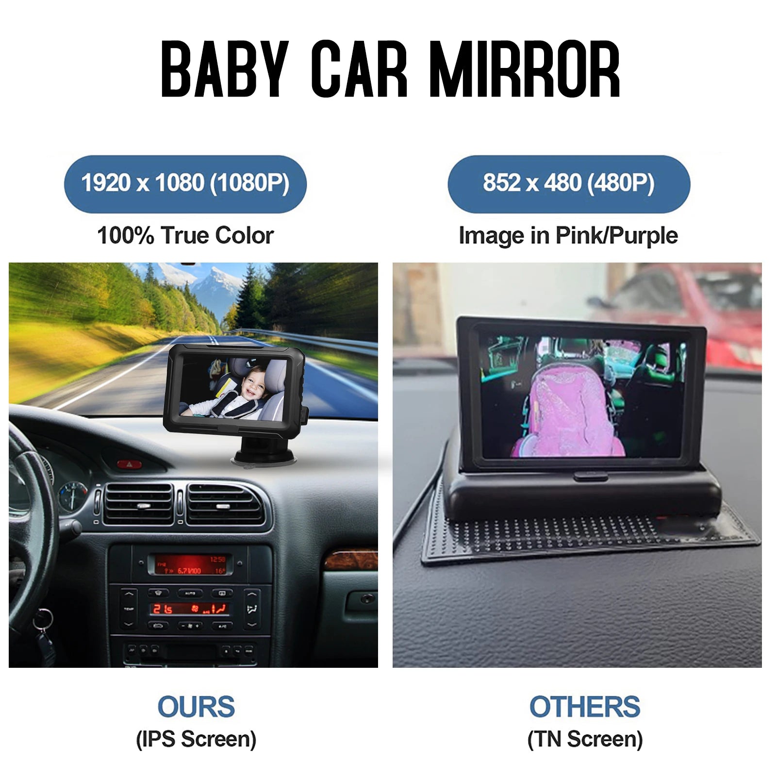 Baby car camera with 4.3-inch IPS screen, showing clear 1080P view of a child in a car seat.
