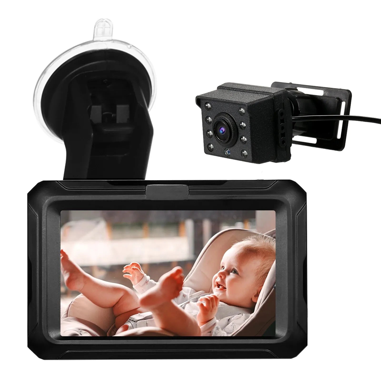 Black 4.3-inch IPS car baby monitor with night vision camera and suction cup mount.