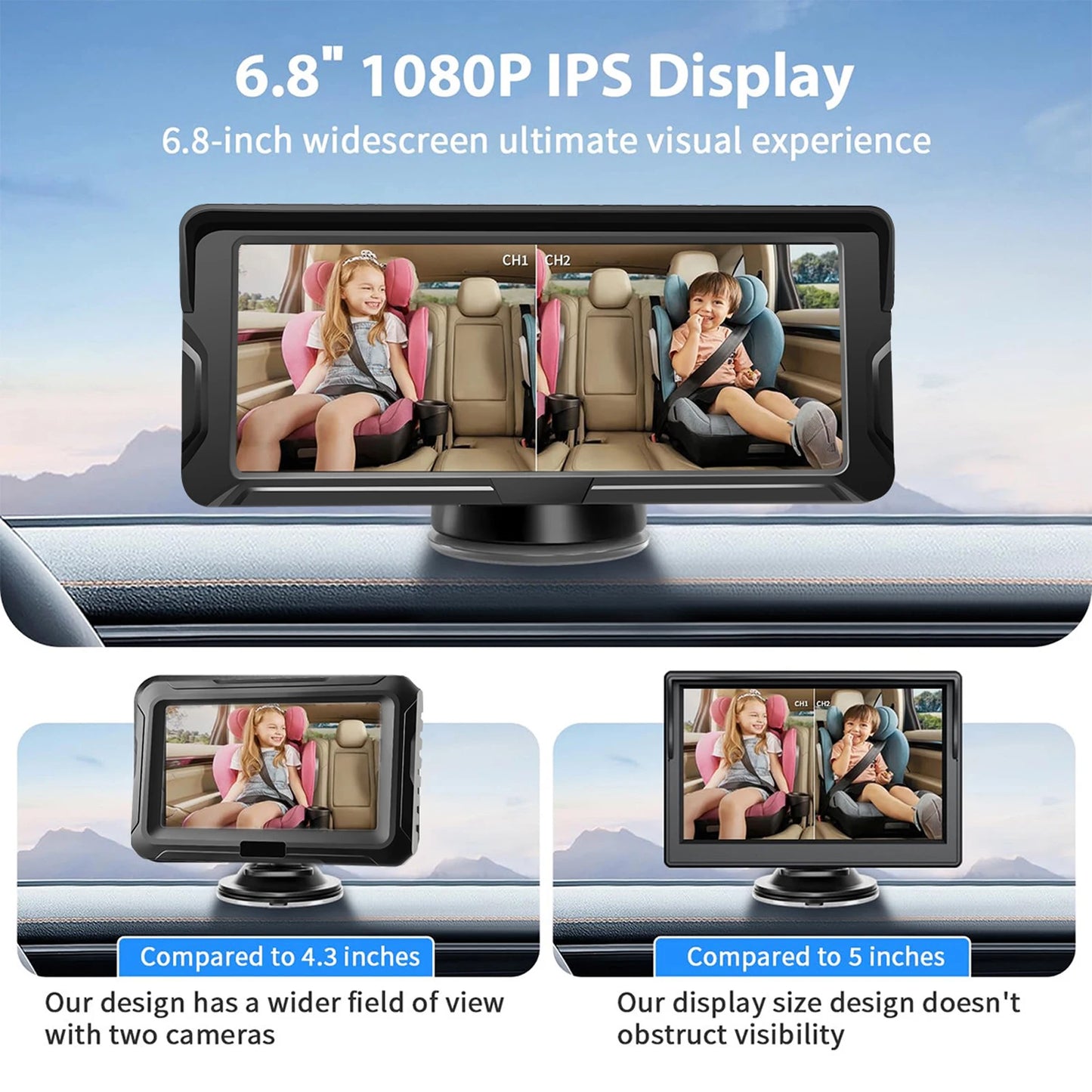 Black 6.8" 1080P IPS dual car baby monitor with split screen view of two children.