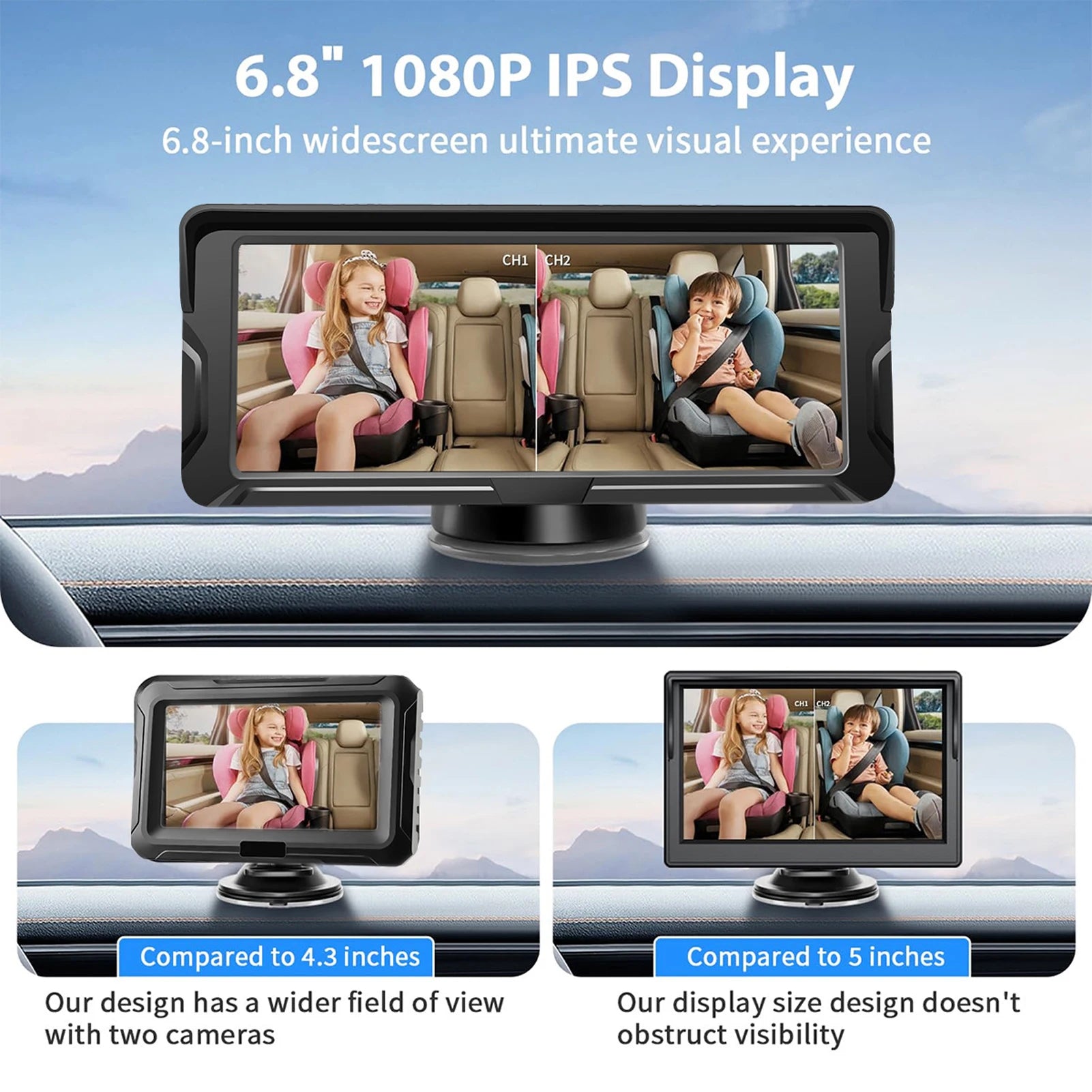 Black 6.8" 1080P IPS dual car baby monitor with split screen view of two children.