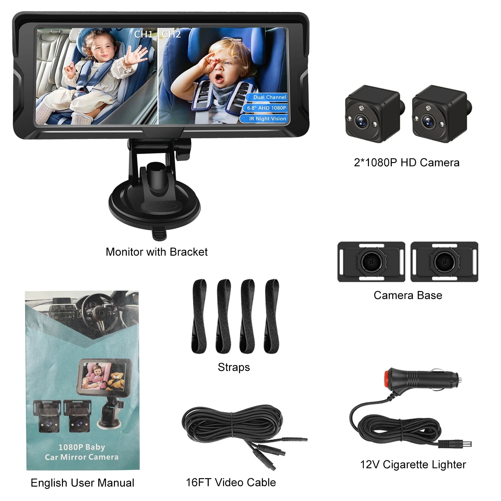 Black 6.8-inch dual 1080P car baby monitor with two cameras, cables, and mounting accessories.