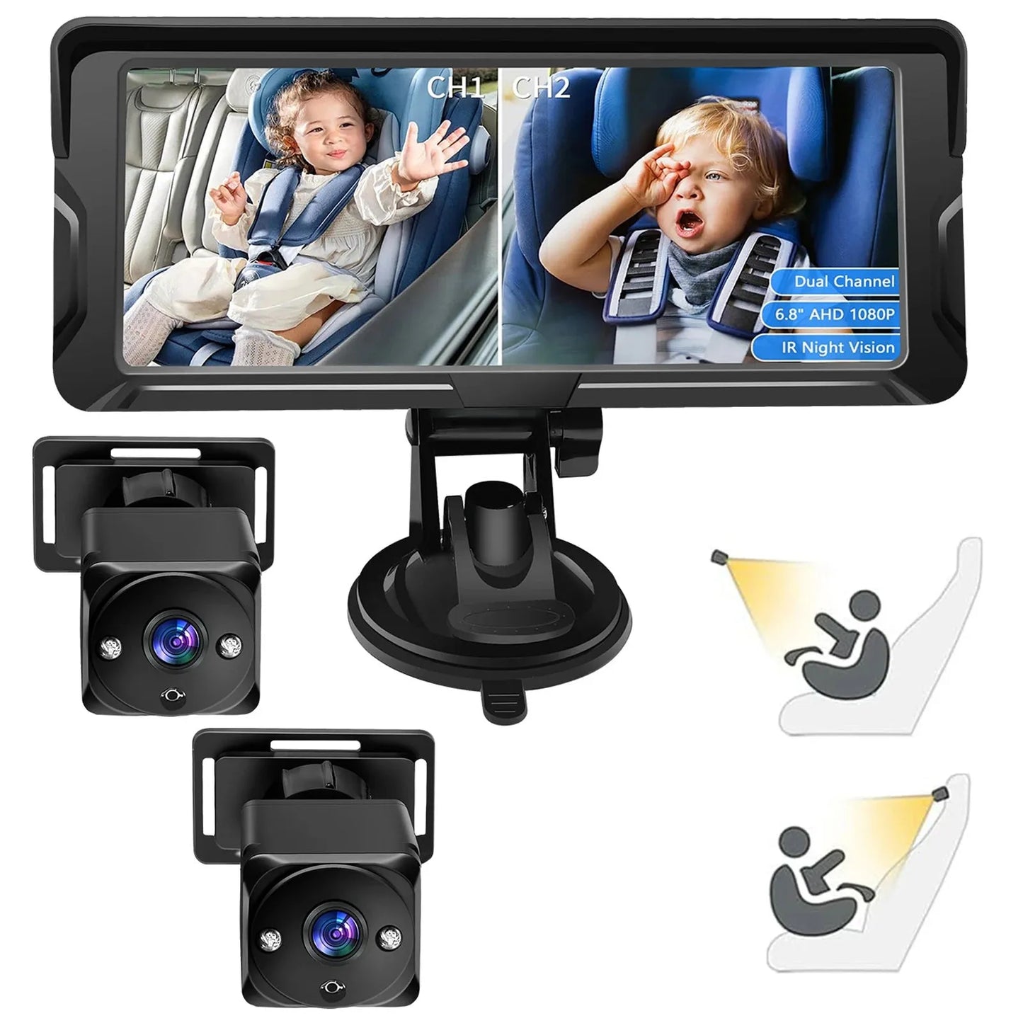 Black 6.8-inch dual car baby monitor with 1080P display and two IR night vision cameras.