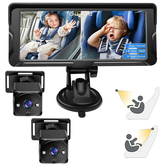 Black 6.8-inch dual car baby monitor with 1080P display and two IR night vision cameras.