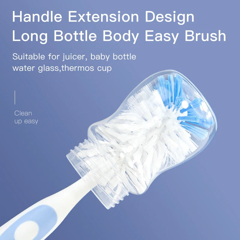 White and blue dual-stage bottle cleaning brush with long handle and soft nylon bristles.