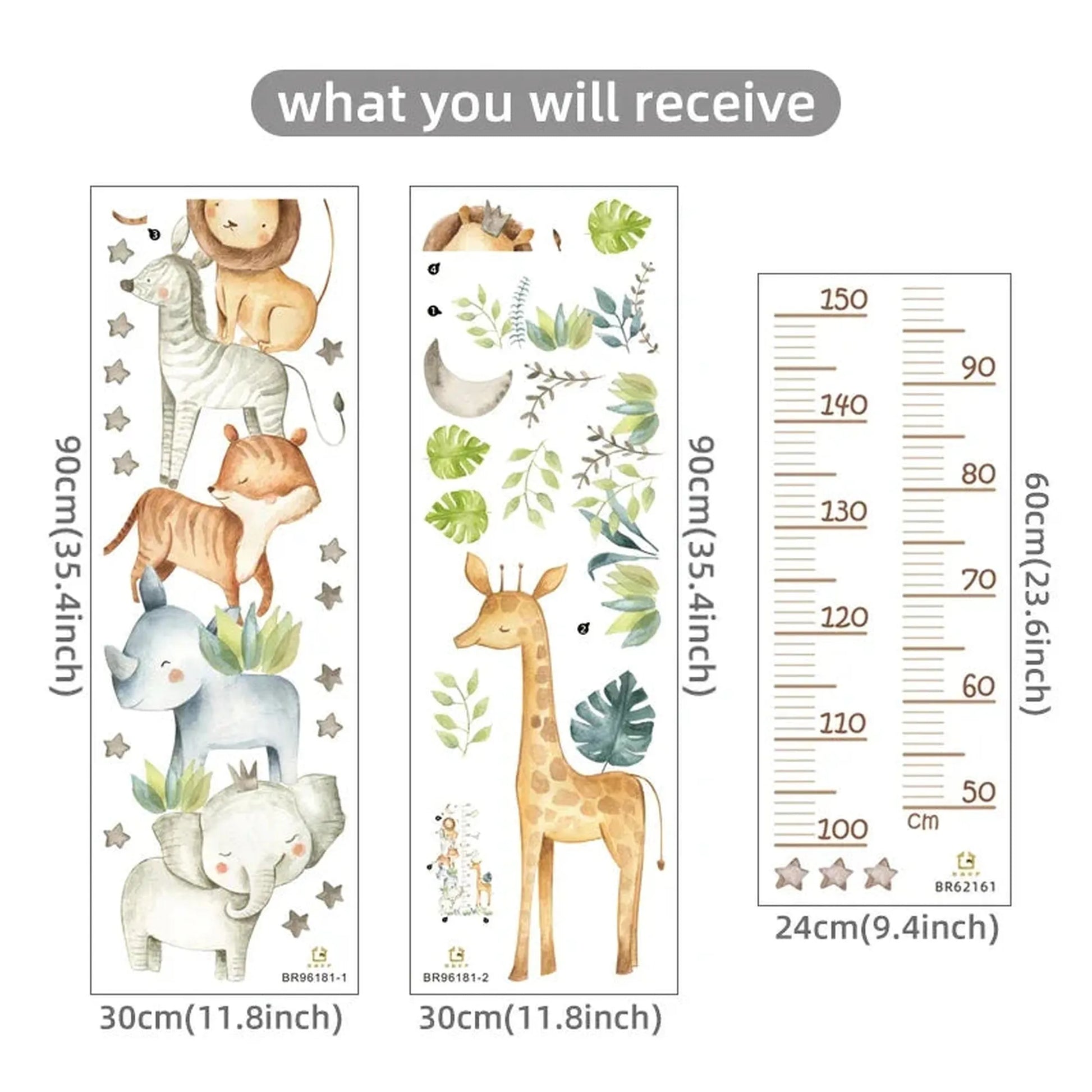 Kids' animal-themed height chart wall decal set with giraffe, lion, zebra, elephant, and rhino.