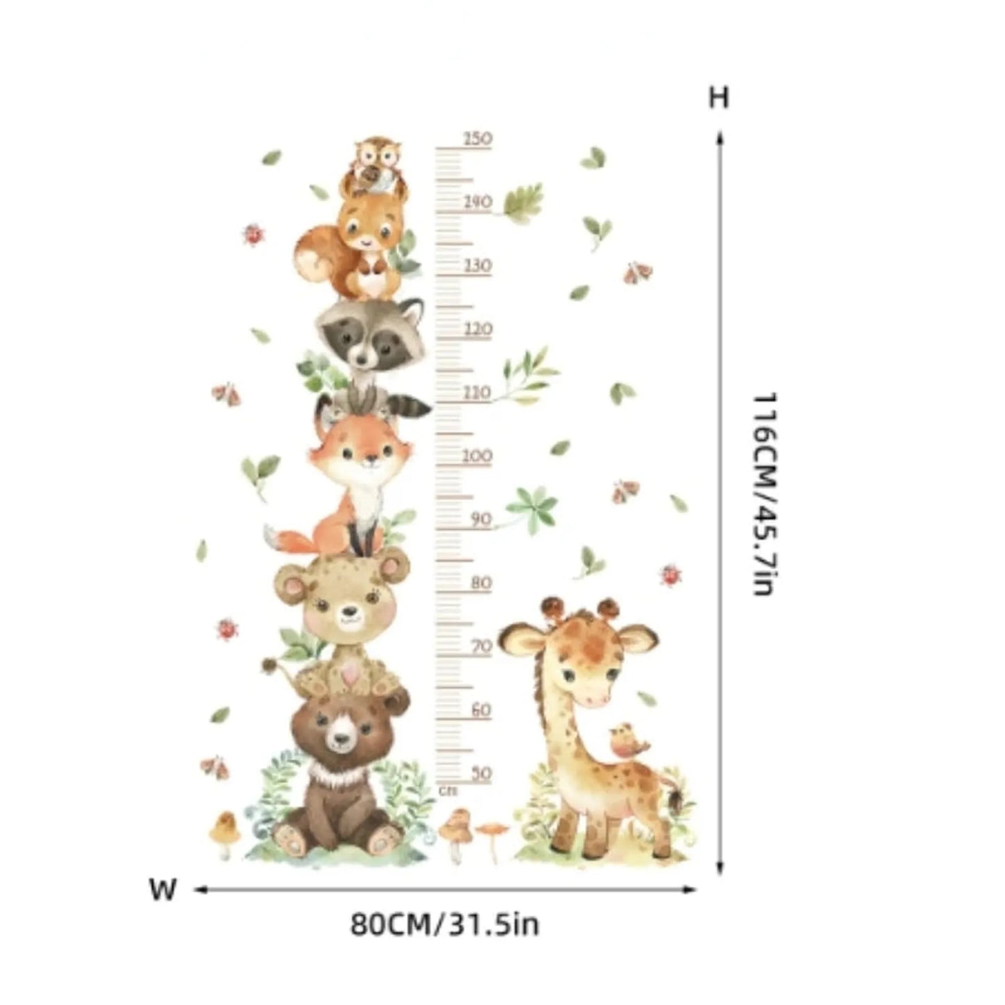 Colorful PVC animal-themed height chart wall sticker for kids, featuring a giraffe, bear, fox, and more.