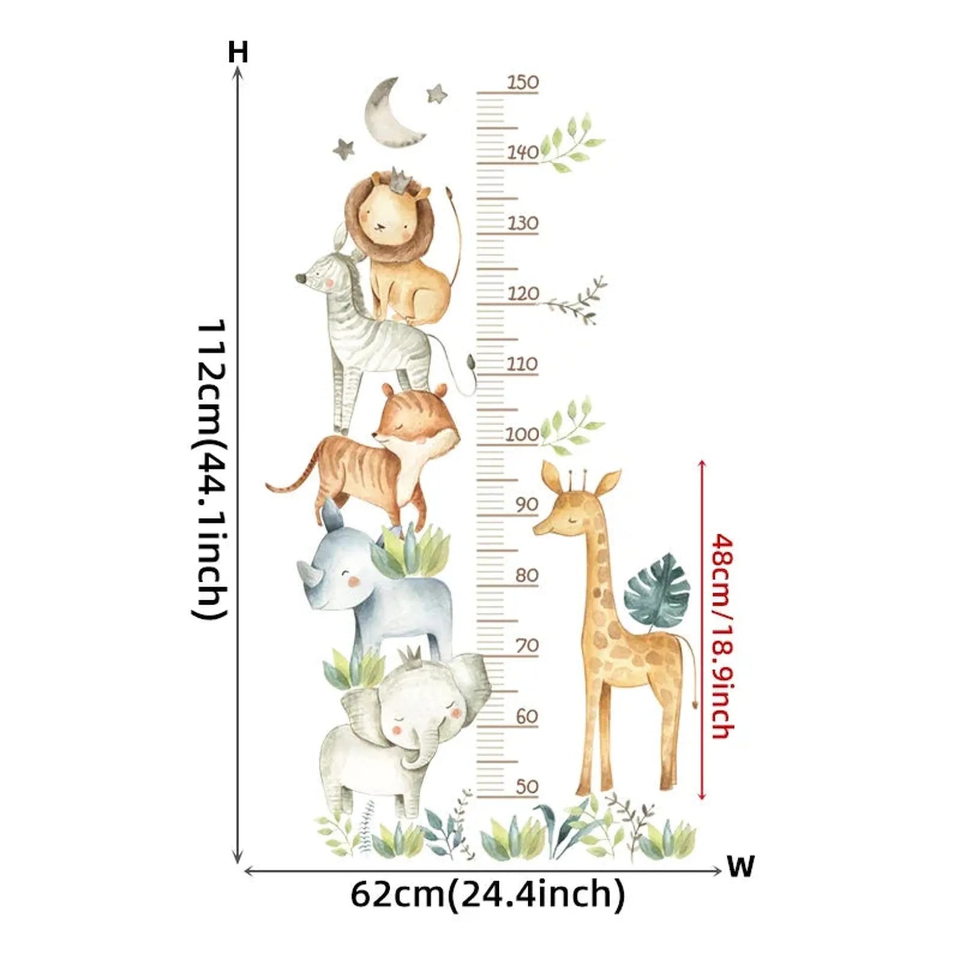 Colorful PVC animal-themed height chart wall sticker with lion, zebra, tiger, rhino, elephant, and giraffe.
