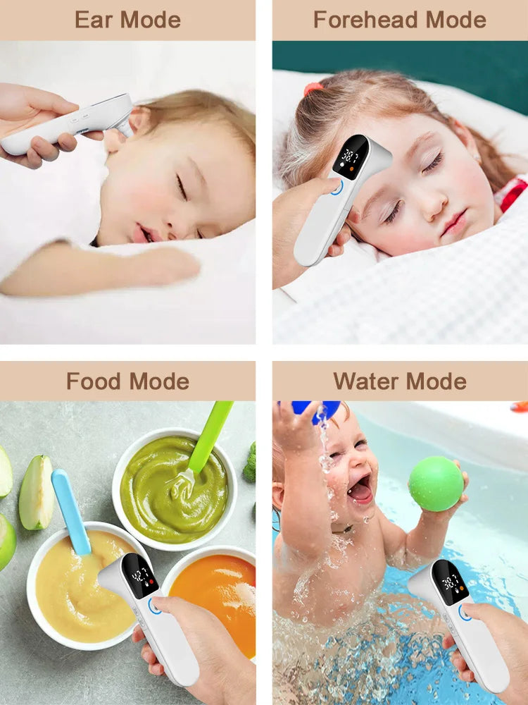 White digital non-contact infrared thermometer measuring temperature on a sleeping baby's ear, child's forehead, baby food, and bath water.