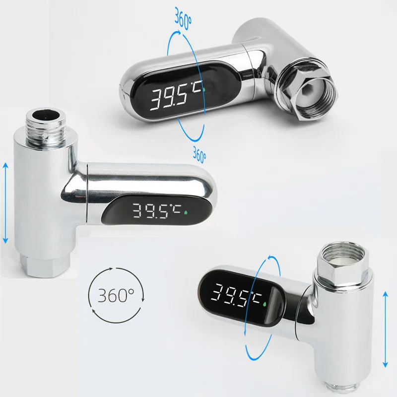 Chrome smart digital baby shower thermometer with rotating LED display showing 39.5°C.