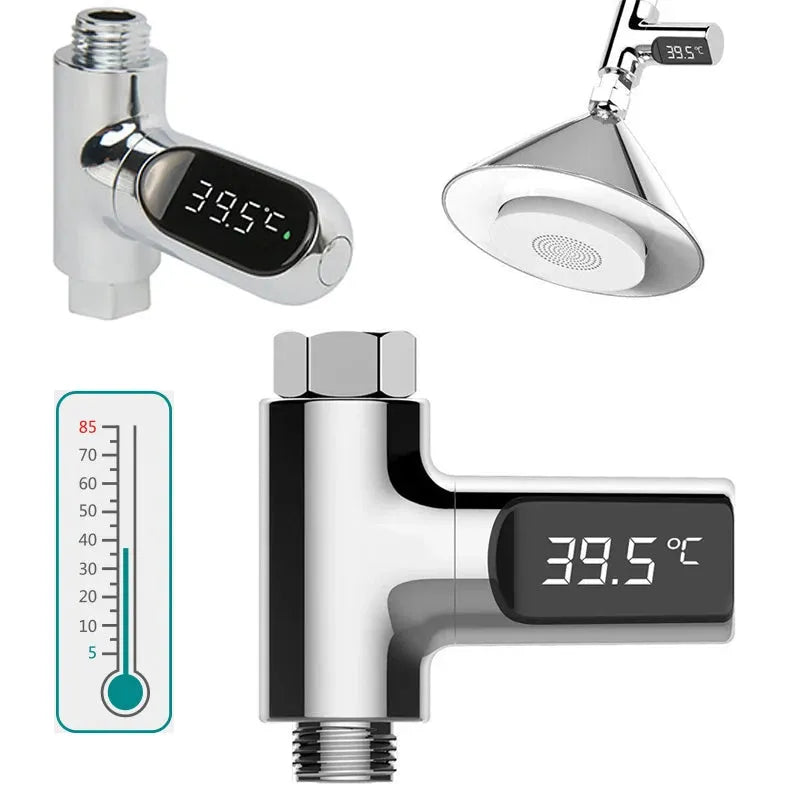 Chrome digital shower thermometer with rotating LED display showing 39.5°C, shown with a shower head and temperature scale.