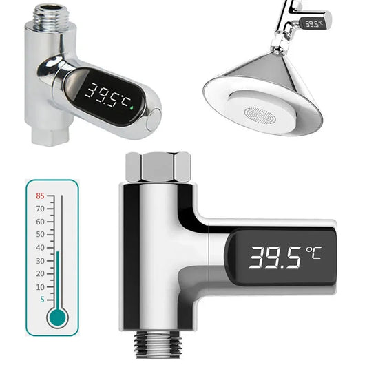 Chrome digital shower thermometer with rotating LED display showing 39.5°C, shown with a shower head and temperature scale.