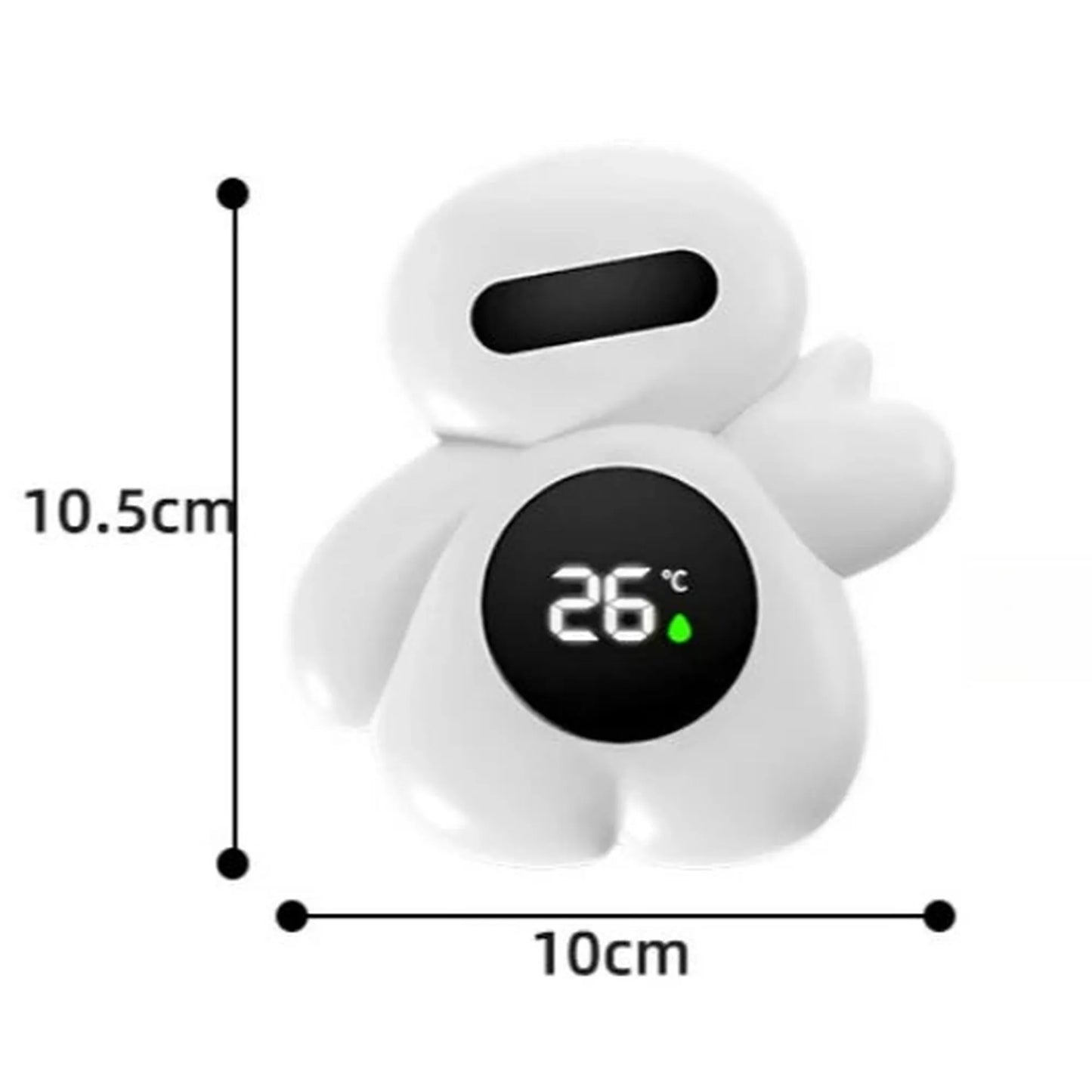 White robot-shaped digital bath thermometer, 10.5cm tall, displaying 26°C on a black screen.