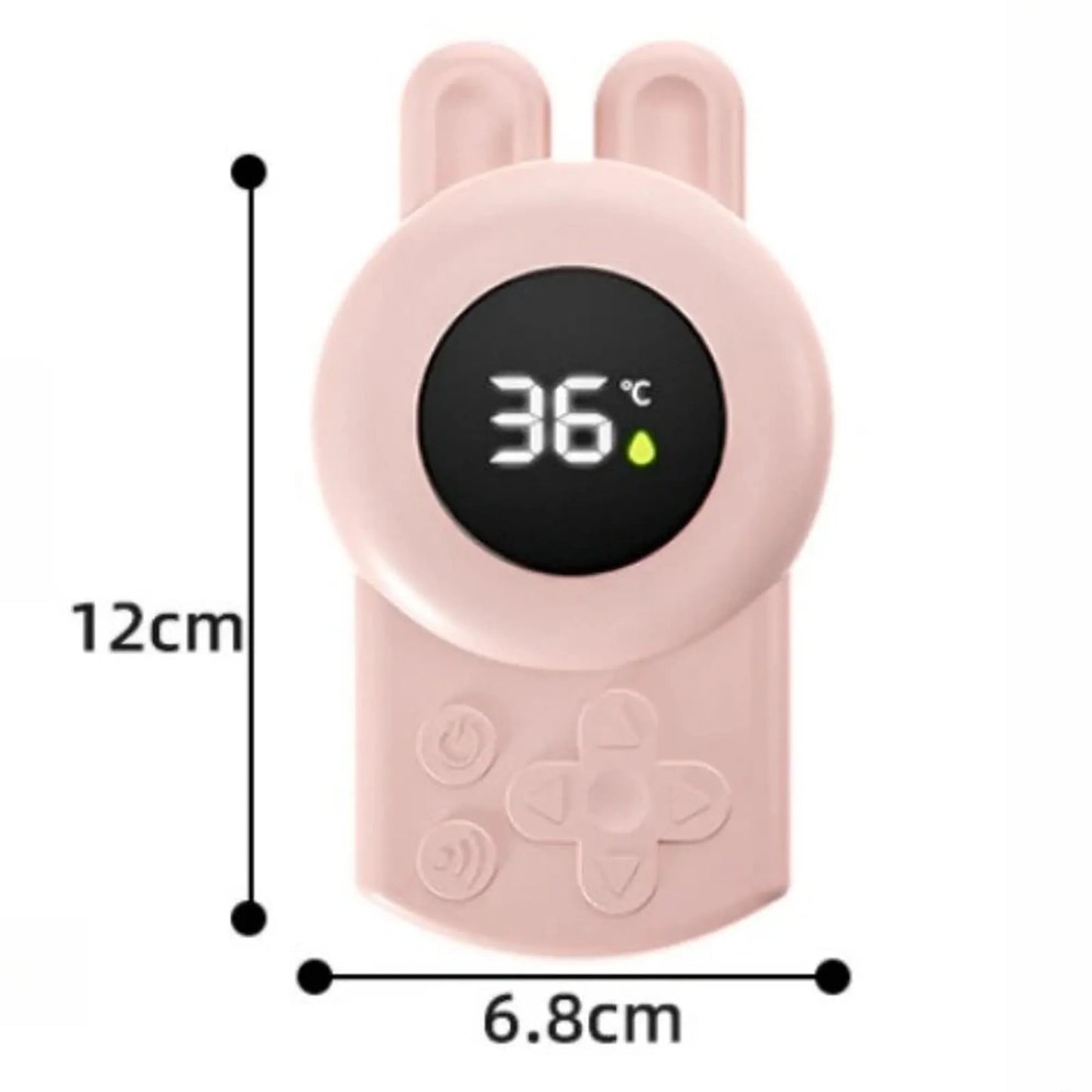 Pink digital bath thermometer with bunny ears, displaying 36°C, and game controller buttons.