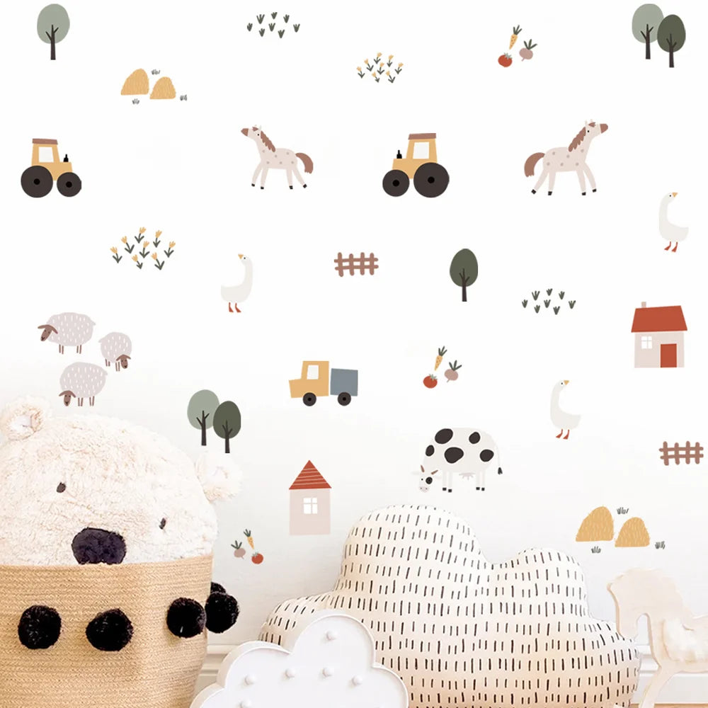 Watercolor farm animal wall decals for kids' room, featuring horses, sheep, tractors, and houses on a white wall.