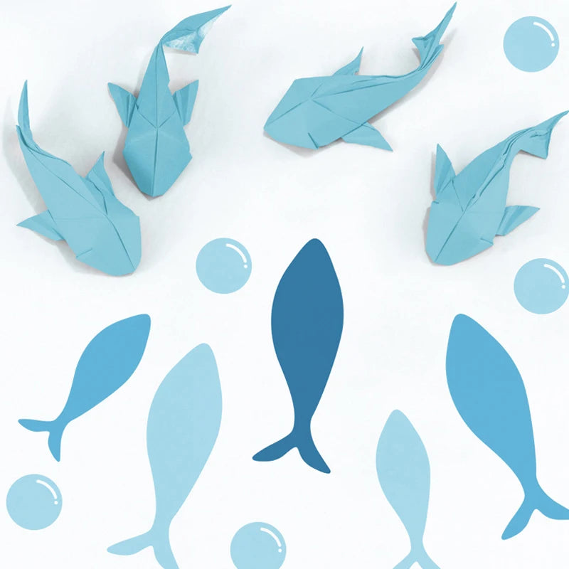 Blue origami and flat fish wall decals with bubbles for a kids' room, 42 PVC stickers.