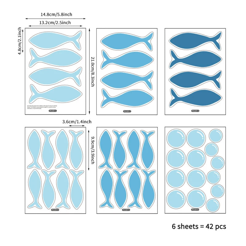42 blue fish and bubble PVC wall decals in various shades and sizes, shown on six sheets with dimensions.