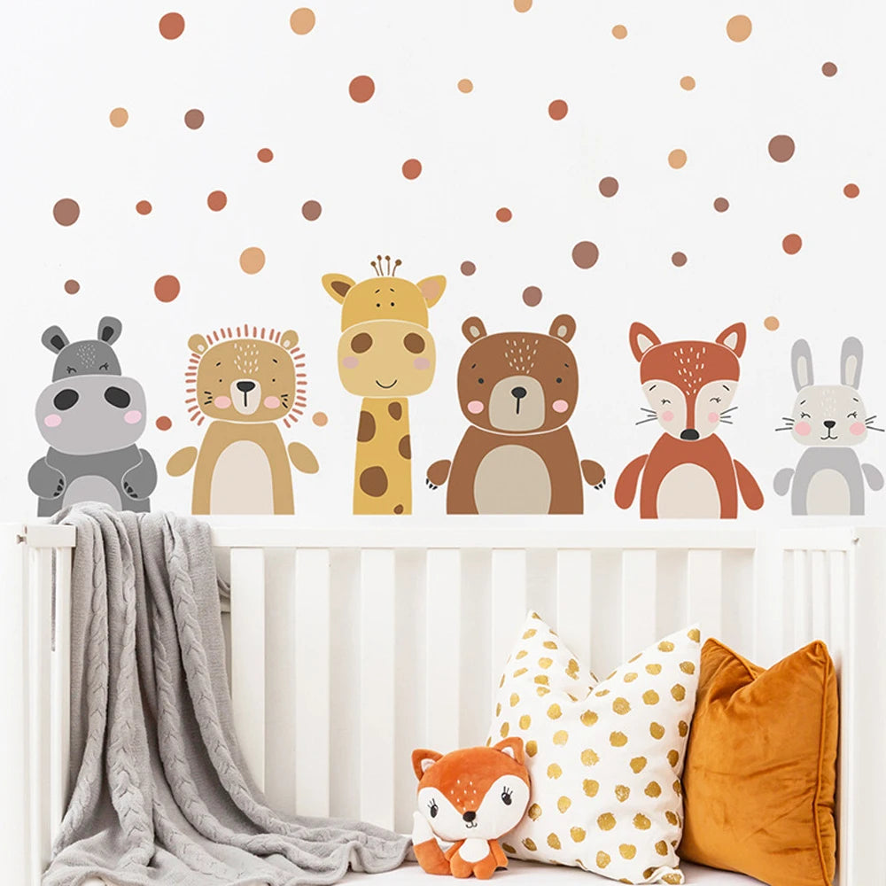 Boho animal wall decals for nursery: hippo, lion, giraffe, bear, fox, and bunny with brown polka dots.