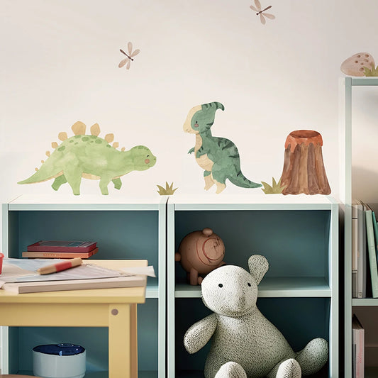Watercolor dinosaur and ABC wall decals for kids' rooms, featuring green dinosaurs, a volcano, and dragonflies.