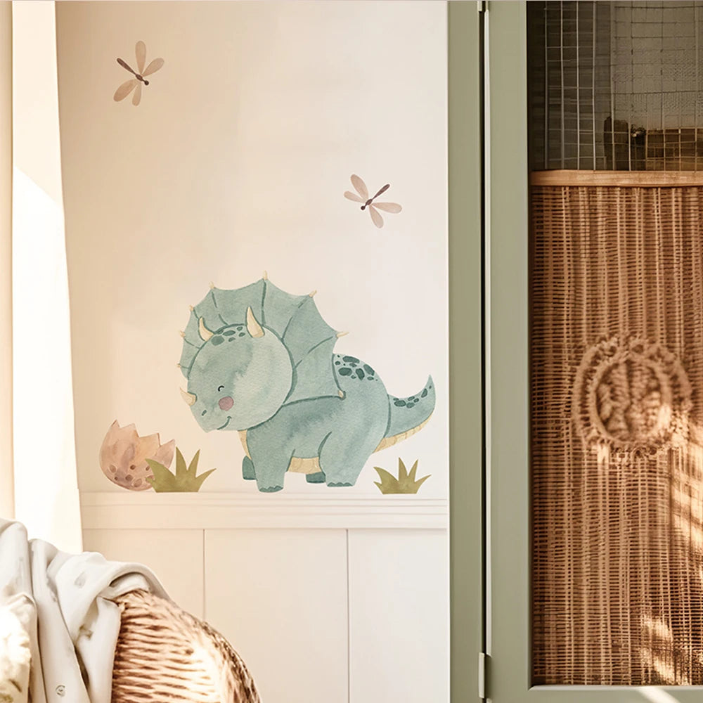 Watercolor green triceratops dinosaur wall decal with dragonflies and ABC letters for kids' room.