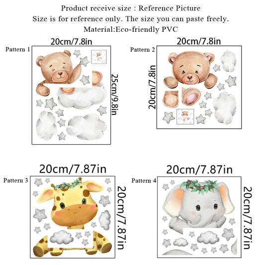 Eco-friendly PVC wall stickers featuring cute cartoon bears, a giraffe, and an elephant with clouds and stars.