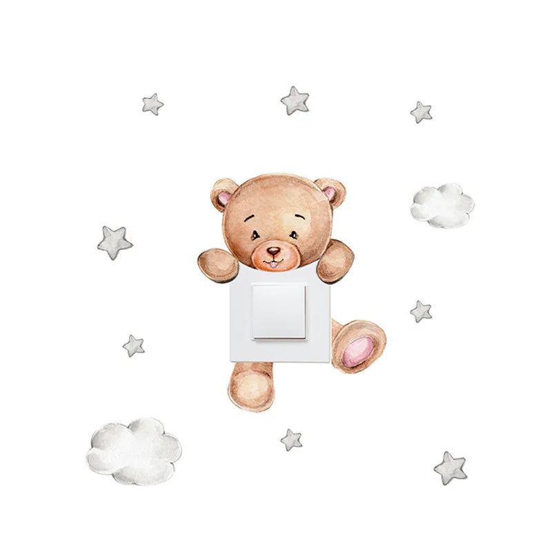 Cute brown teddy bear wall sticker holding a light switch, surrounded by grey stars and clouds.