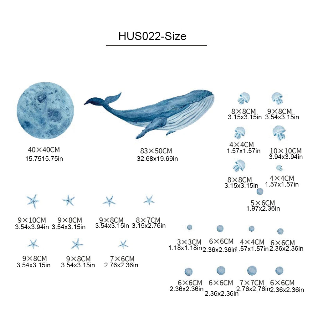 Watercolor whale and sea animal wall decals with size specifications for kids' room decor.