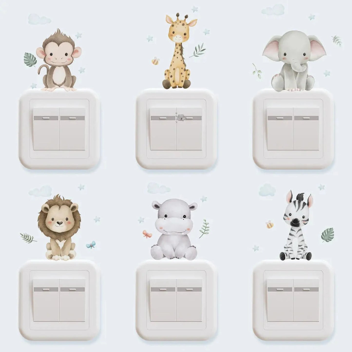 Cute forest animal wall decals for light switches: monkey, giraffe, elephant, lion, hippo, and zebra.