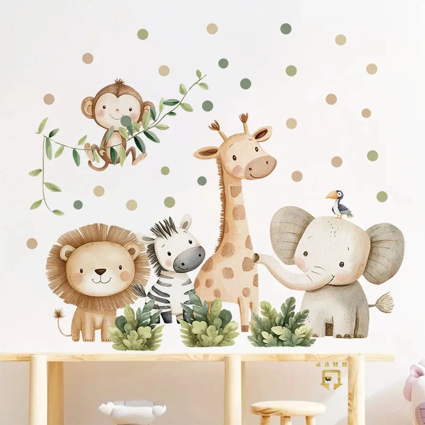 Watercolor jungle animal wall decals for nursery: lion, zebra, giraffe, monkey, elephant, and green polka dots.