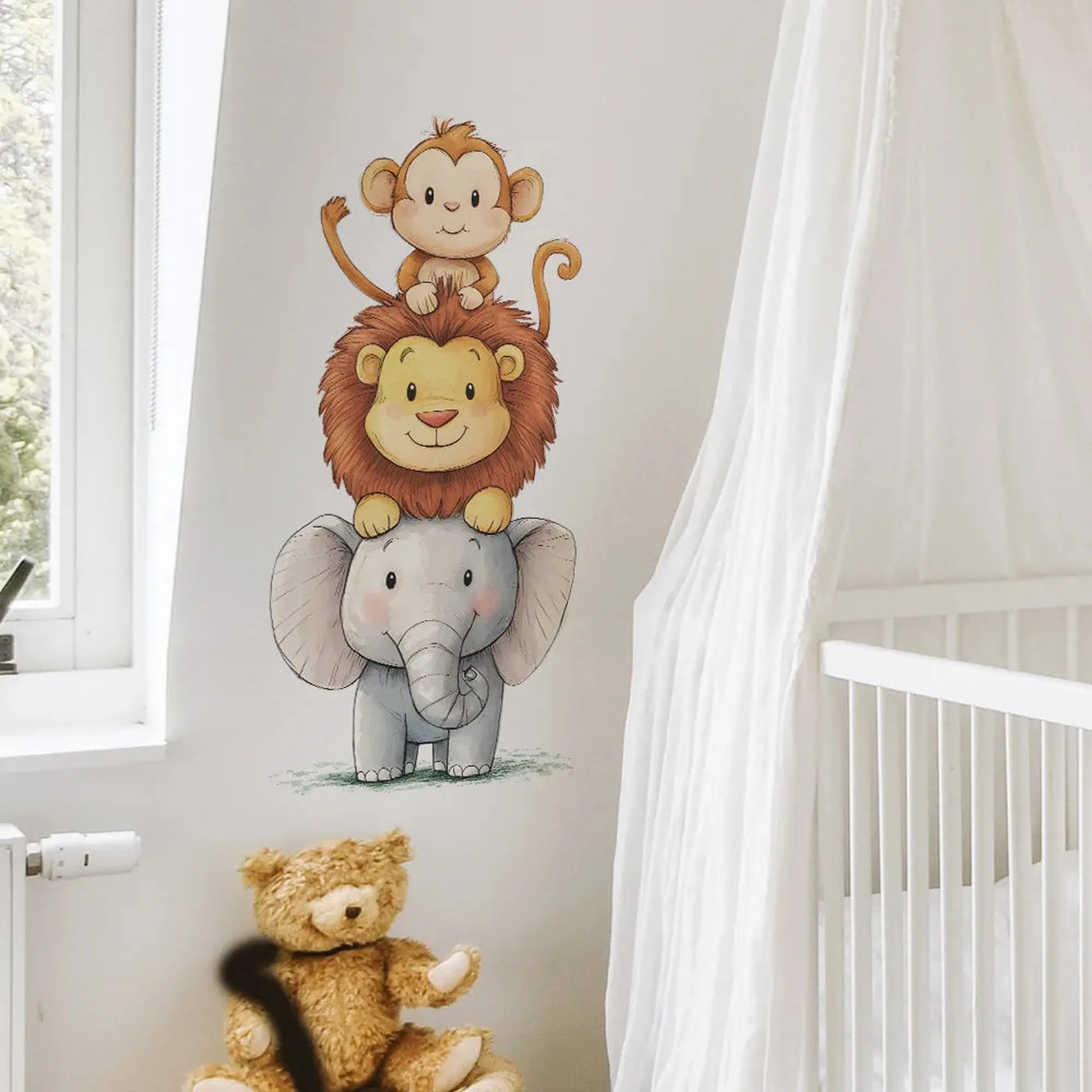 Cute watercolor jungle animal wall decal featuring a monkey, lion, and elephant stacked, perfect for a nursery.