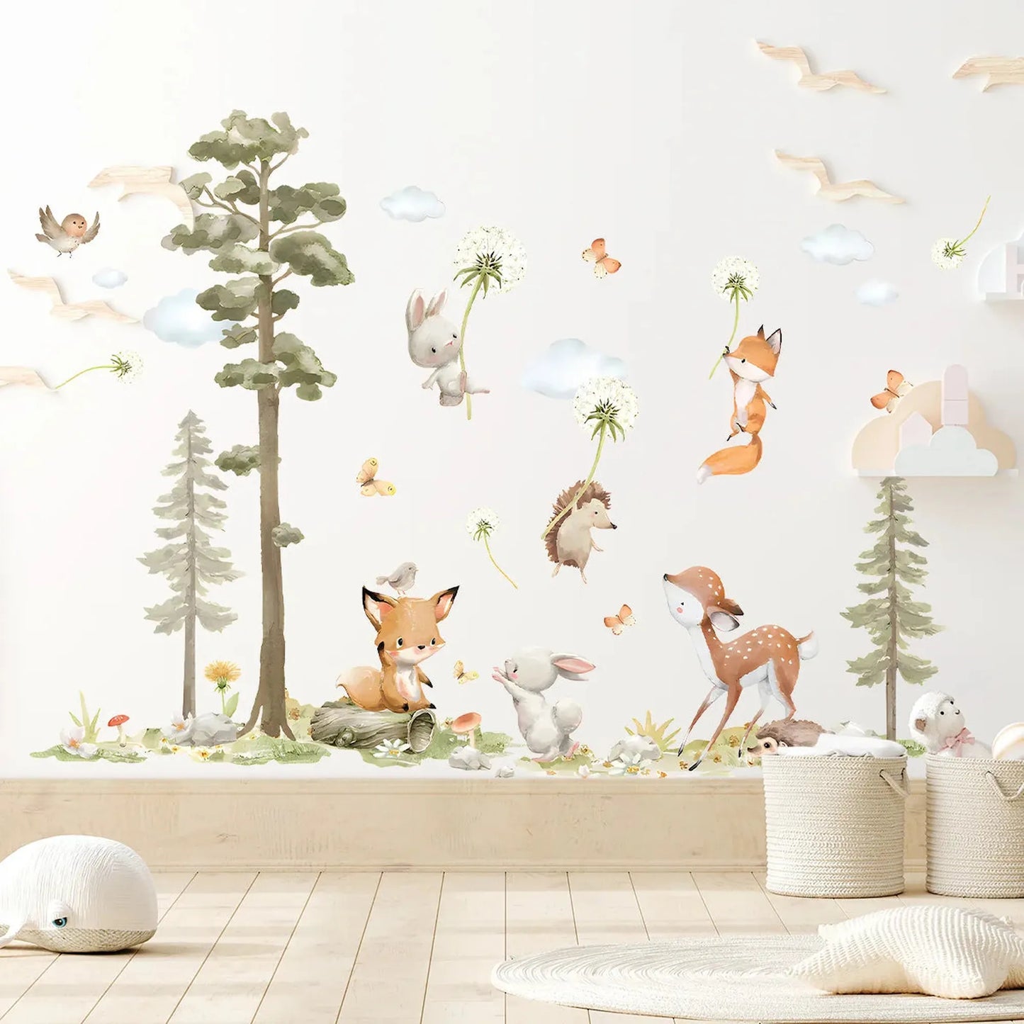 Watercolor forest animal wall decals for nursery: fox, deer, rabbit, hedgehog, trees, and birds.