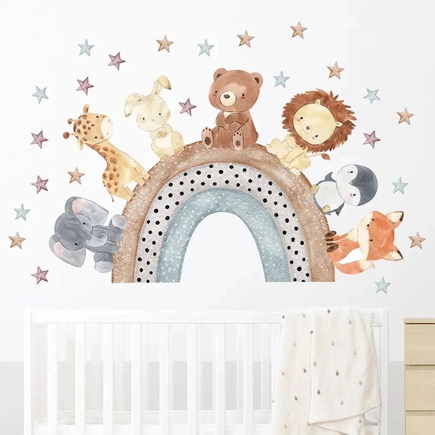 Watercolor forest animal wall decals for nursery: rainbow, bear, lion, giraffe, elephant, fox, rabbit, penguin, and stars.