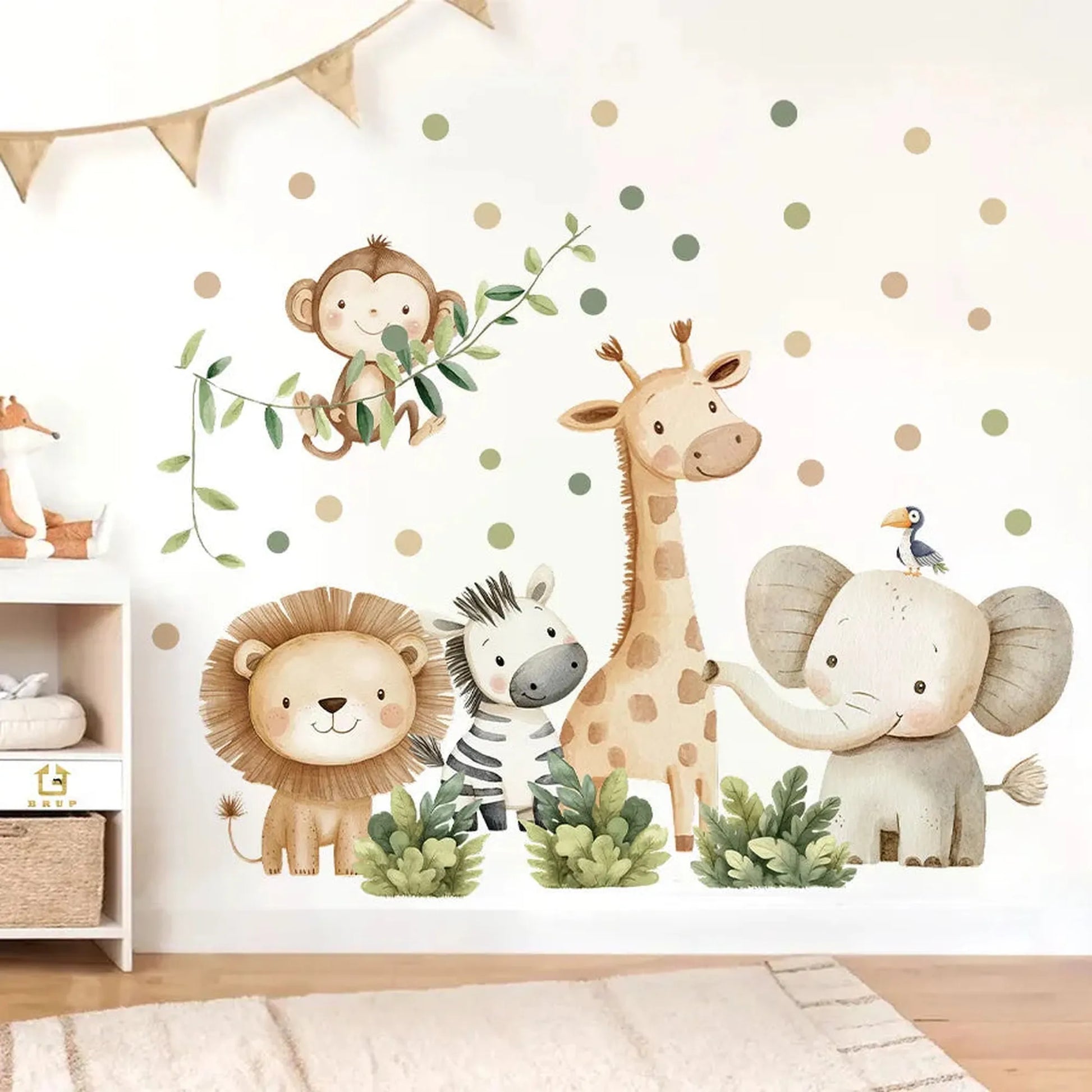 Watercolor jungle animal wall decals for nursery: lion, zebra, giraffe, elephant, and monkey with green leaves and polka dots.