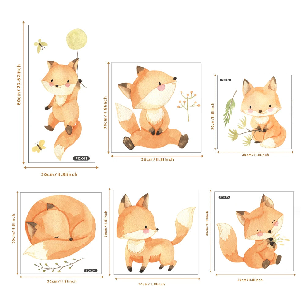 Boho fox and animal PVC wall decals for kids' rooms, featuring cute orange foxes in various poses.