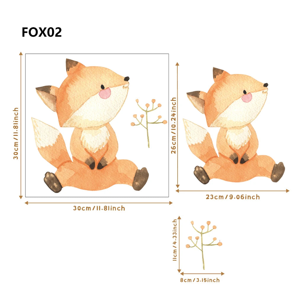 Boho fox and plant wall decals for kids' rooms, featuring two orange foxes and small branch stickers.