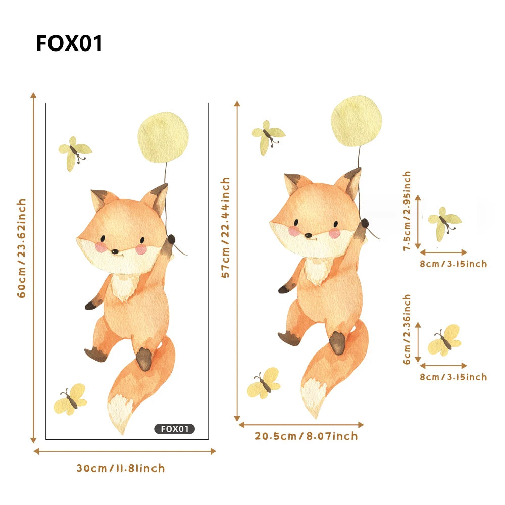 Boho fox and butterfly wall decals with a yellow balloon, showing size dimensions.