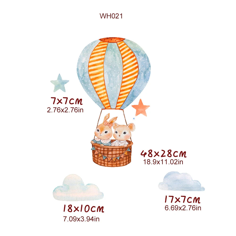 Cartoon bunny and bear in a blue and orange hot air balloon wall decal with clouds and stars.